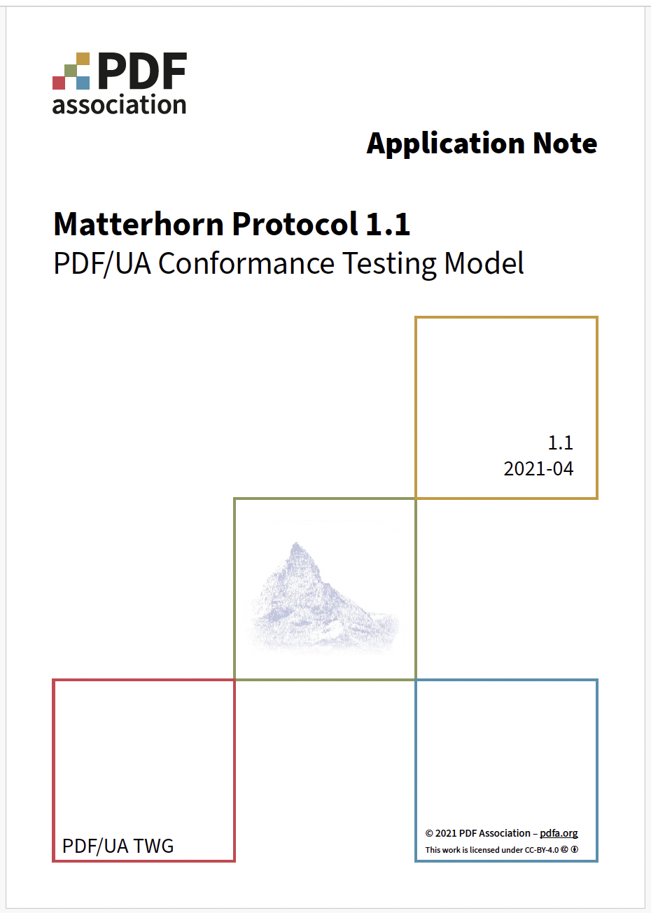 PDF Association, Matterhorn Protocol v1.1, 2021-04-21, Uppdaterad 2025-08-07, framsida - Bild