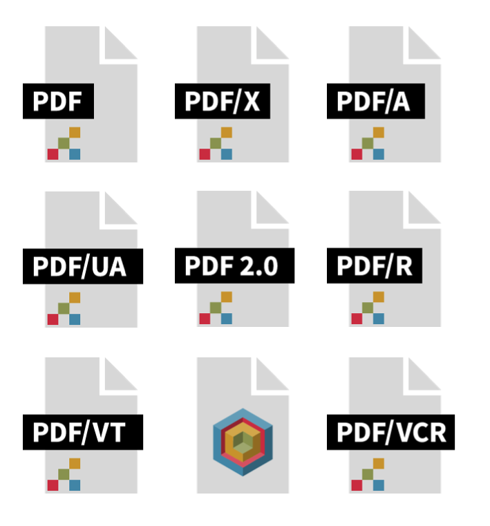 PDF Association, Ikoner/Översikt över PDF-standarder: PDF, PDF/X, PDF/A, PDF/UA, PDF 2.0, PDF/R, PDF/VT, PDF/VCR - Bild