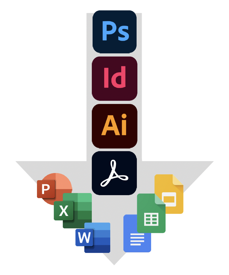 AbleDocs Roadmap to Document Accessibility, Accepterade filformat som indata: Adobe PostScript, InDesign, Illustrator, PDF, och Microsoft Word, Excel, Powerpoint - Bild