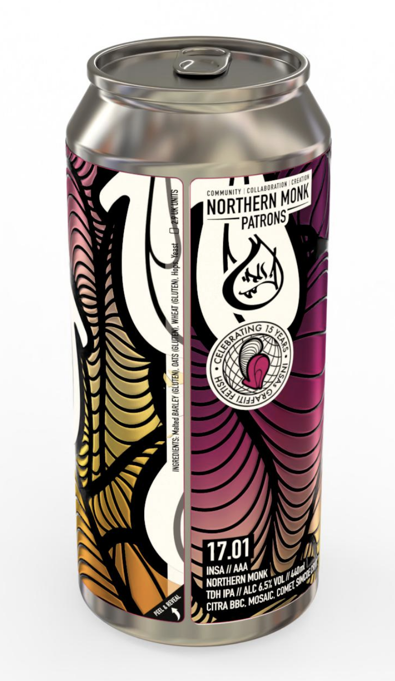 iC3D Beer Can - Food - Norther Monk Patrons Beer Can with peelable label animation and shows opaque white, metallic inks and high gloss varnish on the back when opened via the animation - Picture